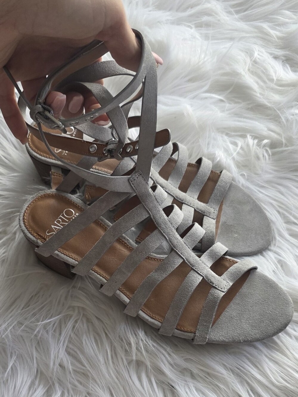 Franco Sarto Suede Strappy Ankle-Wrap Sandals in Light Gray